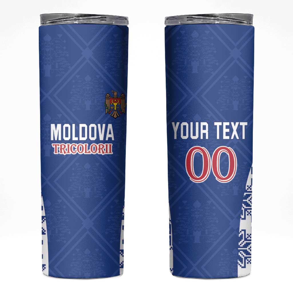 Custom Moldova Football Skinny Tumbler Tricolorii Tree Of Life Blue Version - Wonder Print Shop