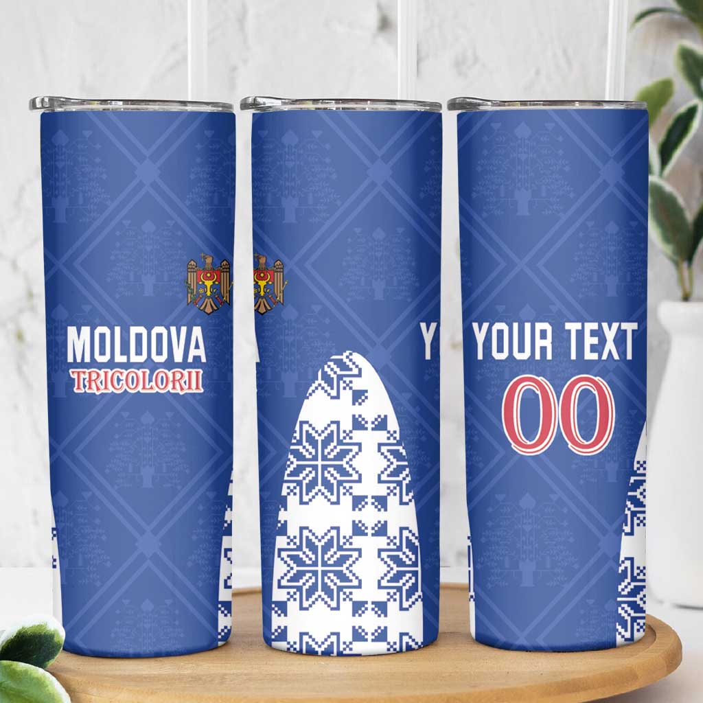 Custom Moldova Football Skinny Tumbler Tricolorii Tree Of Life Blue Version - Wonder Print Shop