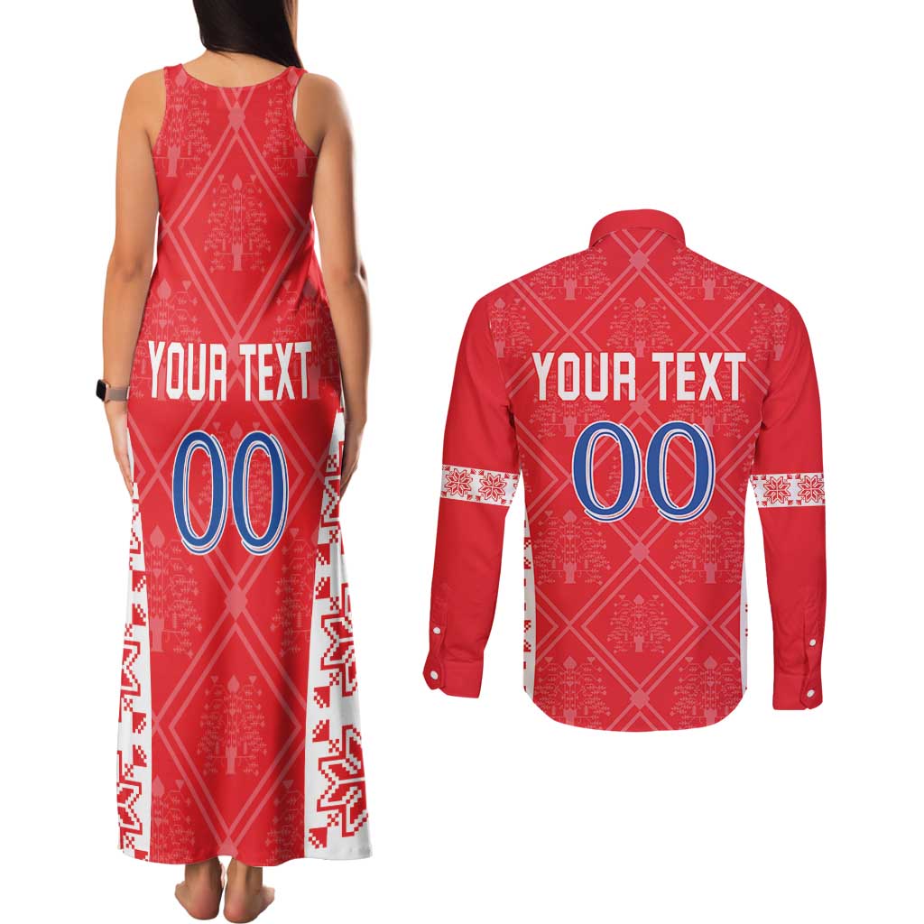Custom Moldova Football Couples Matching Tank Maxi Dress and Long Sleeve Button Shirt Tricolorii Tree Of Life Red Version - Wonder Print Shop
