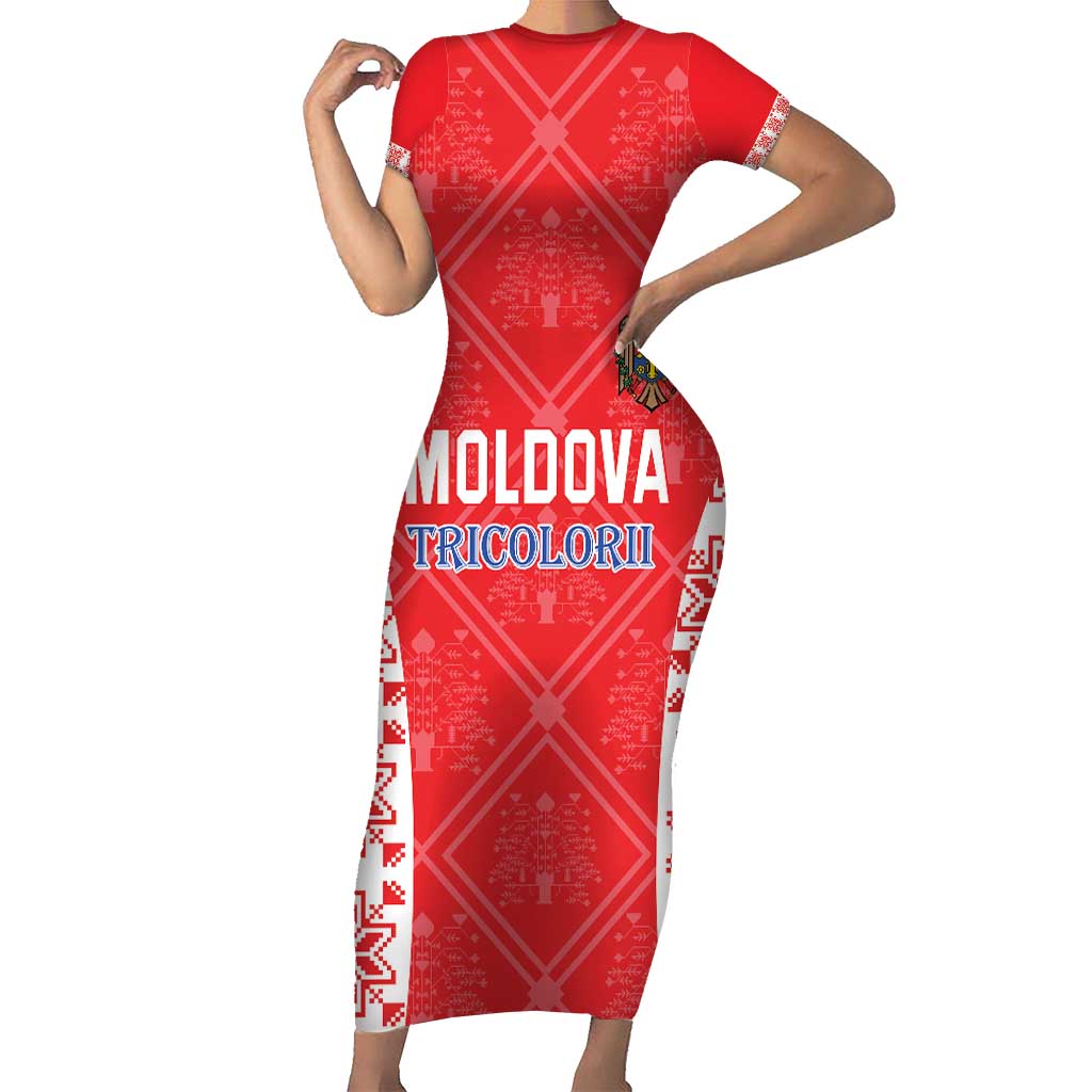 Custom Moldova Football Family Matching Short Sleeve Bodycon Dress and Hawaiian Shirt Tricolorii Tree Of Life Red Version - Wonder Print Shop
