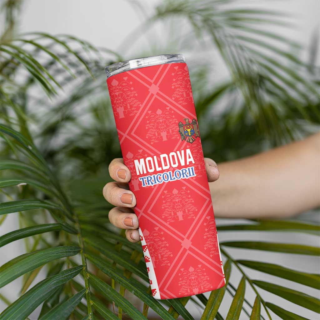 Custom Moldova Football Skinny Tumbler Tricolorii Tree Of Life Red Version - Wonder Print Shop