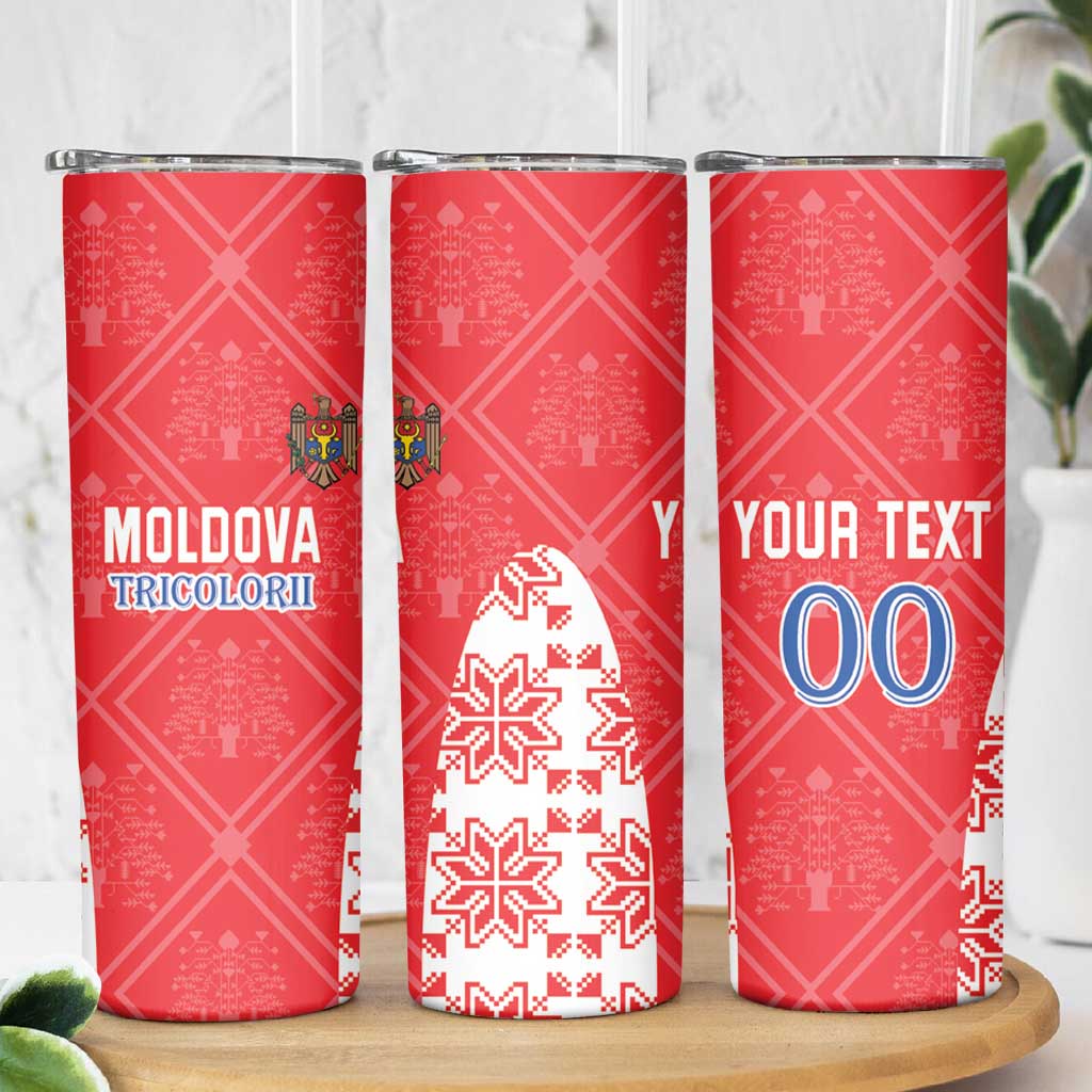 Custom Moldova Football Skinny Tumbler Tricolorii Tree Of Life Red Version - Wonder Print Shop