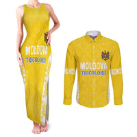 Custom Moldova Football Couples Matching Tank Maxi Dress and Long Sleeve Button Shirt Tricolorii Tree Of Life Yellow Version - Wonder Print Shop
