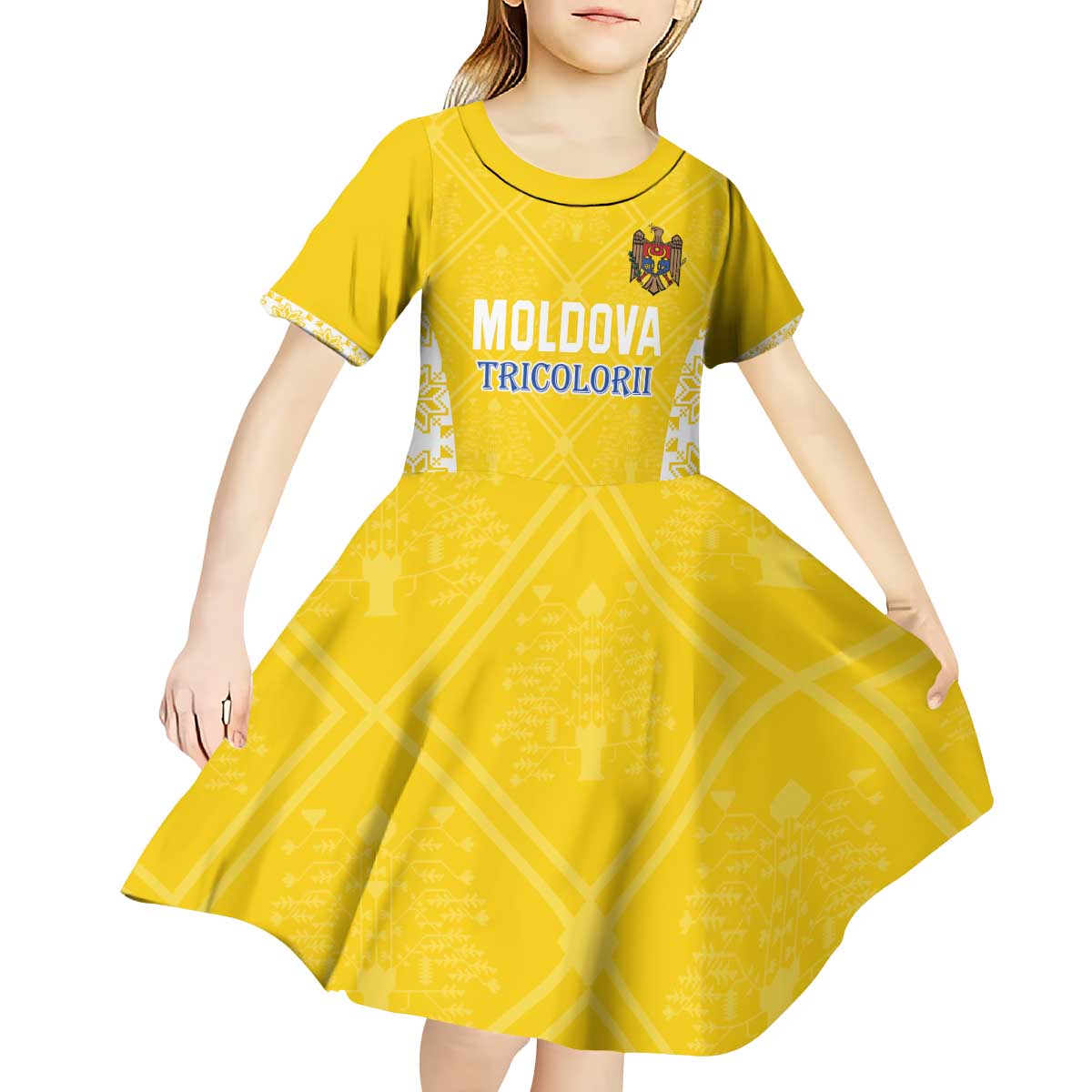 Custom Moldova Football Kid Short Sleeve Dress Tricolorii Tree Of Life Yellow Version - Wonder Print Shop