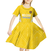 Custom Moldova Football Kid Short Sleeve Dress Tricolorii Tree Of Life Yellow Version - Wonder Print Shop