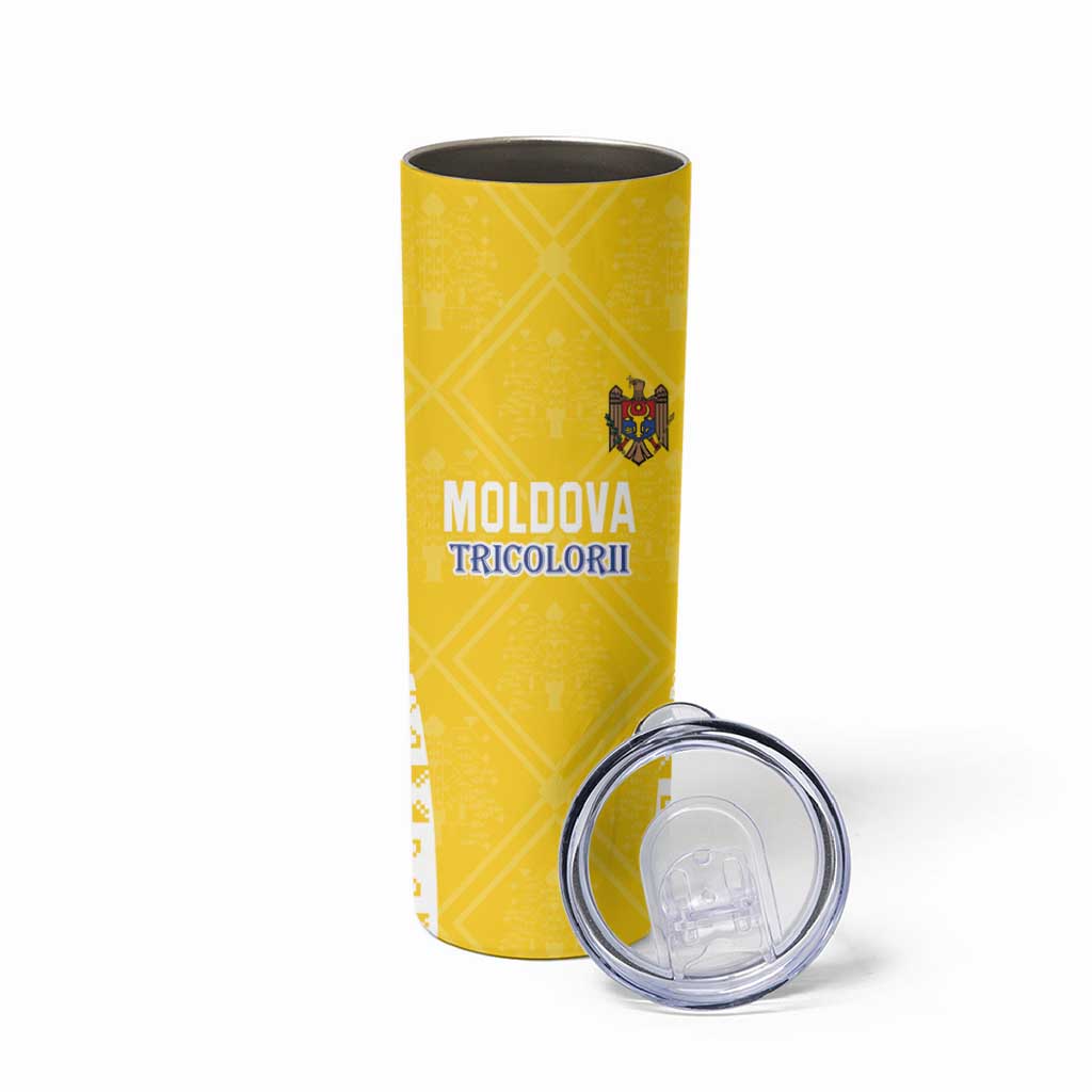 Custom Moldova Football Skinny Tumbler Tricolorii Tree Of Life Yellow Version - Wonder Print Shop