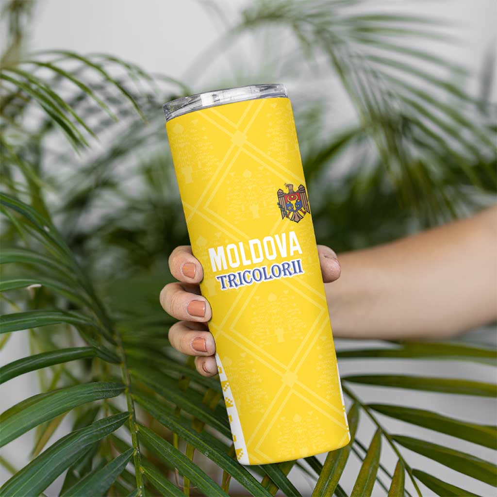 Custom Moldova Football Skinny Tumbler Tricolorii Tree Of Life Yellow Version - Wonder Print Shop