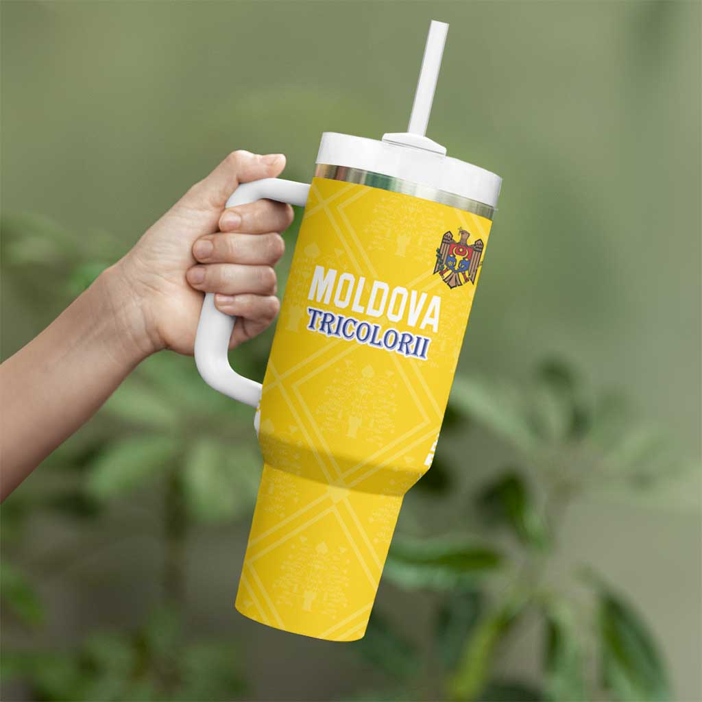 Custom Moldova Football Tumbler With Handle Tricolorii Tree Of Life Yellow Version - Wonder Print Shop