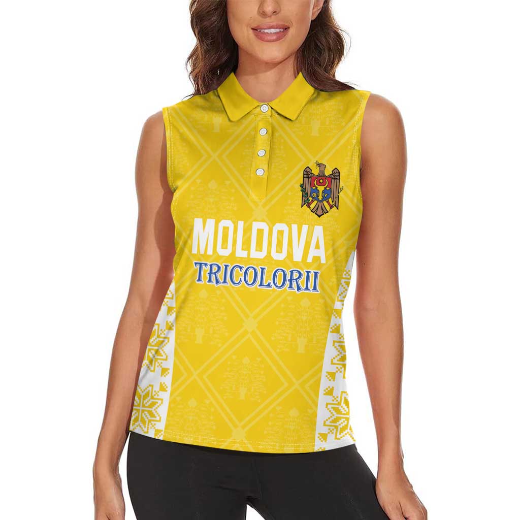 Custom Moldova Football Women Sleeveless Polo Shirt Tricolorii Tree Of Life Yellow Version - Wonder Print Shop