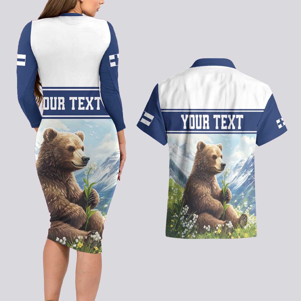 Personalized Finland Couples Matching Long Sleeve Bodycon Dress and Hawaiian Shirt Brown Bear With Lily Of The Valley - Wonder Print Shop