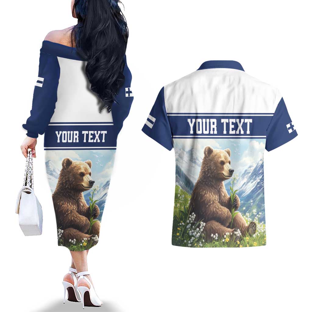 Personalized Finland Couples Matching Off The Shoulder Long Sleeve Dress and Hawaiian Shirt Brown Bear With Lily Of The Valley - Wonder Print Shop