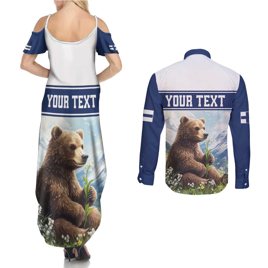 Personalized Finland Couples Matching Summer Maxi Dress and Long Sleeve Button Shirt Brown Bear With Lily Of The Valley - Wonder Print Shop