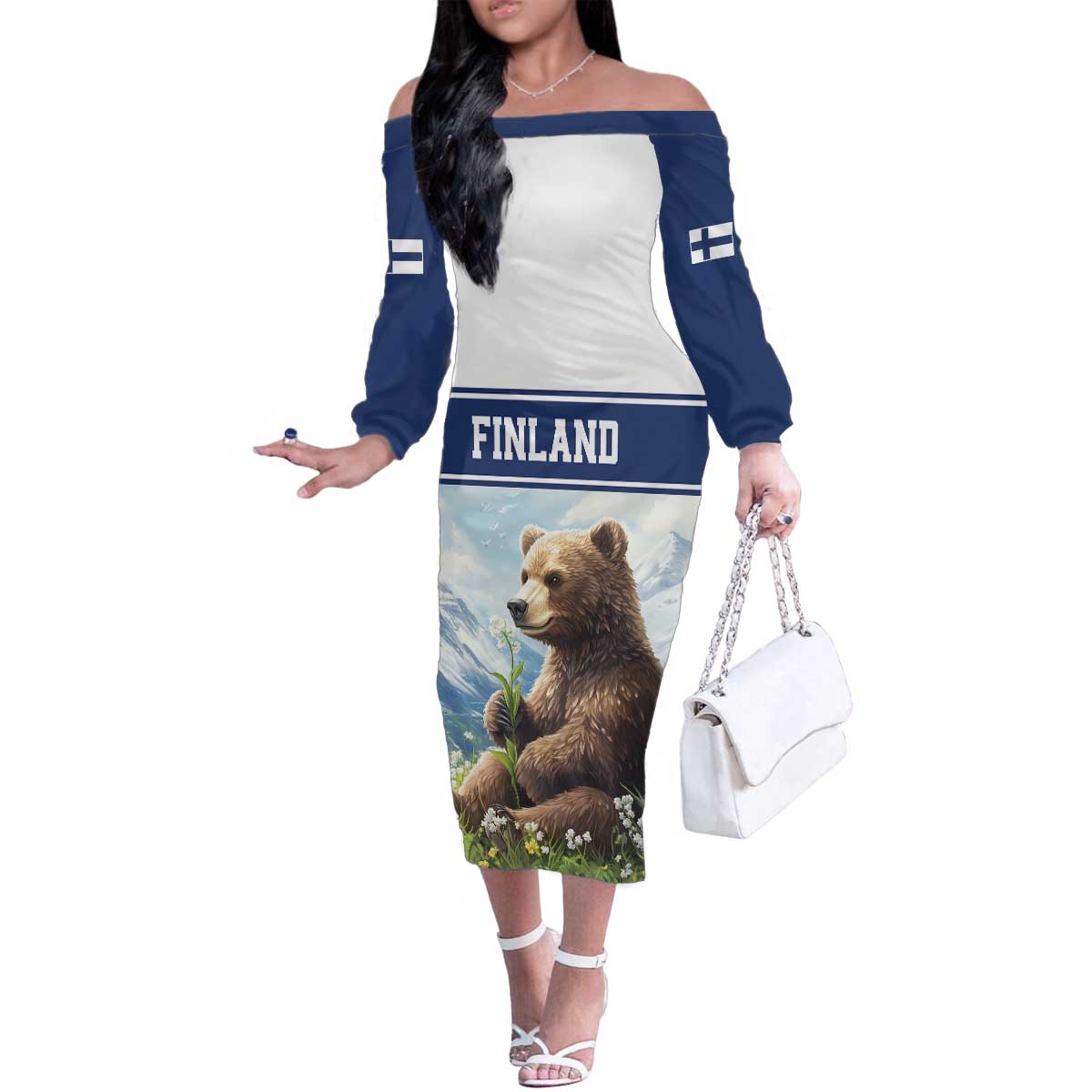 Personalized Finland Family Matching Off The Shoulder Long Sleeve Dress and Hawaiian Shirt Brown Bear With Lily Of The Valley - Wonder Print Shop