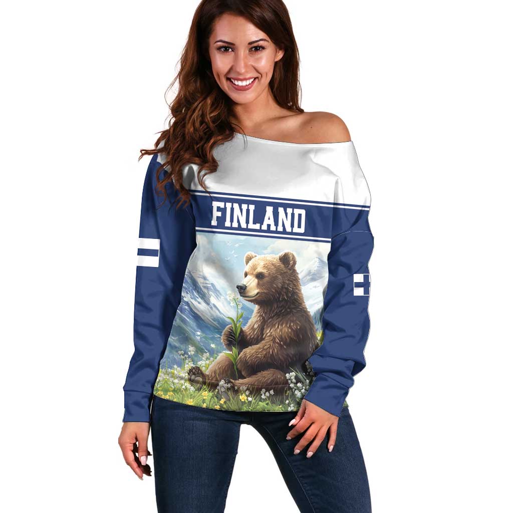 Personalized Finland Off Shoulder Sweater Brown Bear With Lily Of The Valley - Wonder Print Shop