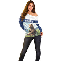 Personalized Finland Off Shoulder Sweater Brown Bear With Lily Of The Valley - Wonder Print Shop