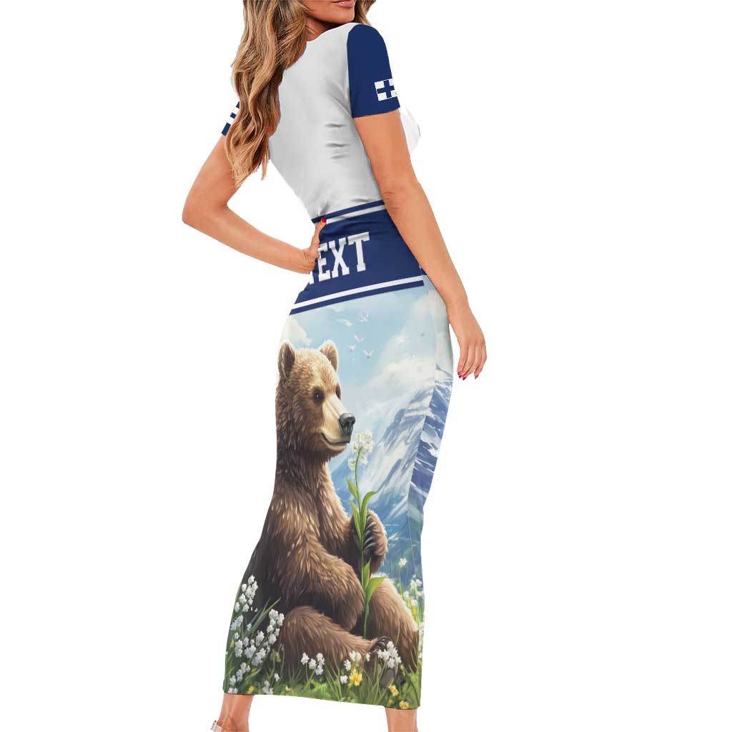 Personalized Finland Short Sleeve Bodycon Dress Brown Bear With Lily Of The Valley - Wonder Print Shop
