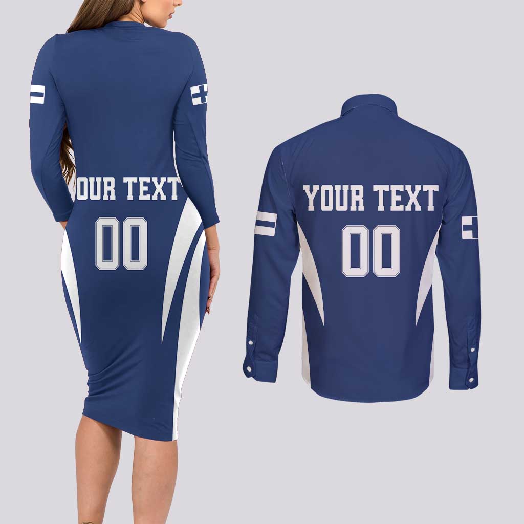 Custom Finland Hockey Couples Matching Long Sleeve Bodycon Dress and Long Sleeve Button Shirt Suomi Leijonat Mascot - Wonder Print Shop