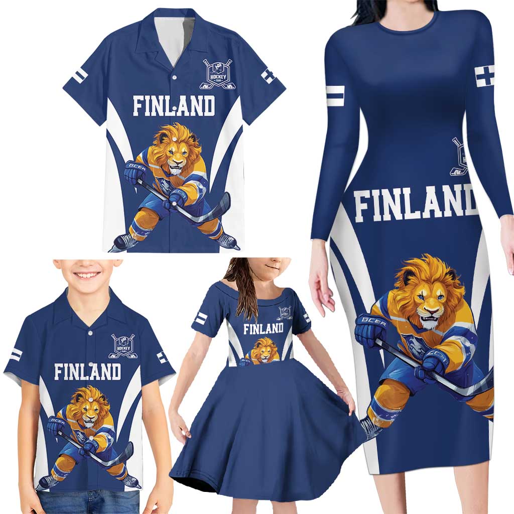 Custom Finland Hockey Family Matching Long Sleeve Bodycon Dress and Hawaiian Shirt Suomi Leijonat Mascot - Wonder Print Shop