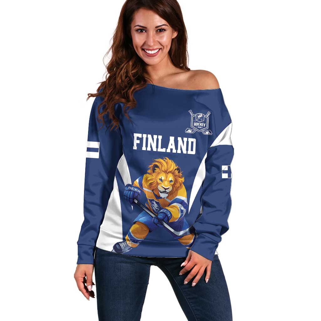 Custom Finland Hockey Off Shoulder Sweater Suomi Leijonat Mascot - Wonder Print Shop