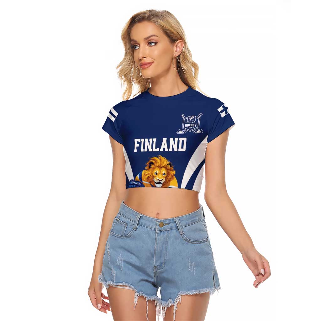 Custom Finland Hockey Raglan Cropped T Shirt Suomi Leijonat Mascot - Wonder Print Shop