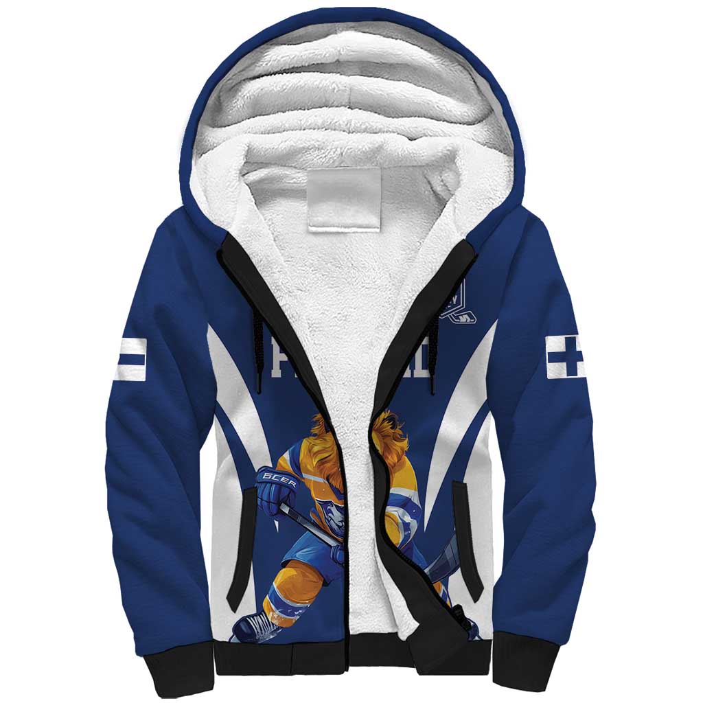 Custom Finland Hockey Sherpa Hoodie Suomi Leijonat Mascot - Wonder Print Shop