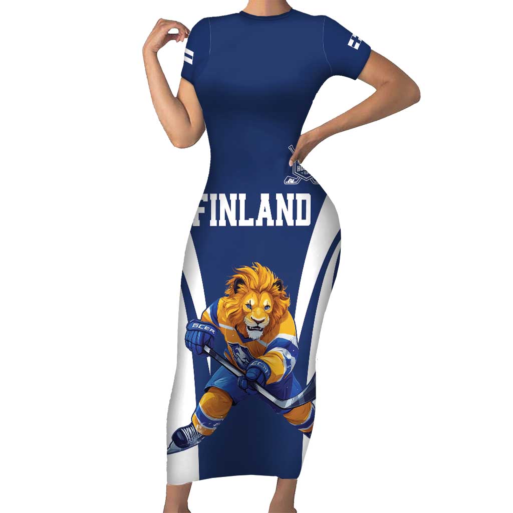 Custom Finland Hockey Short Sleeve Bodycon Dress Suomi Leijonat Mascot - Wonder Print Shop