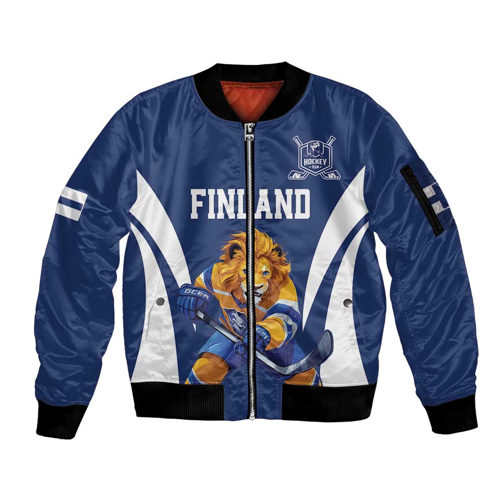 Custom Finland Hockey Sleeve Zip Bomber Jacket Suomi Leijonat Mascot - Wonder Print Shop