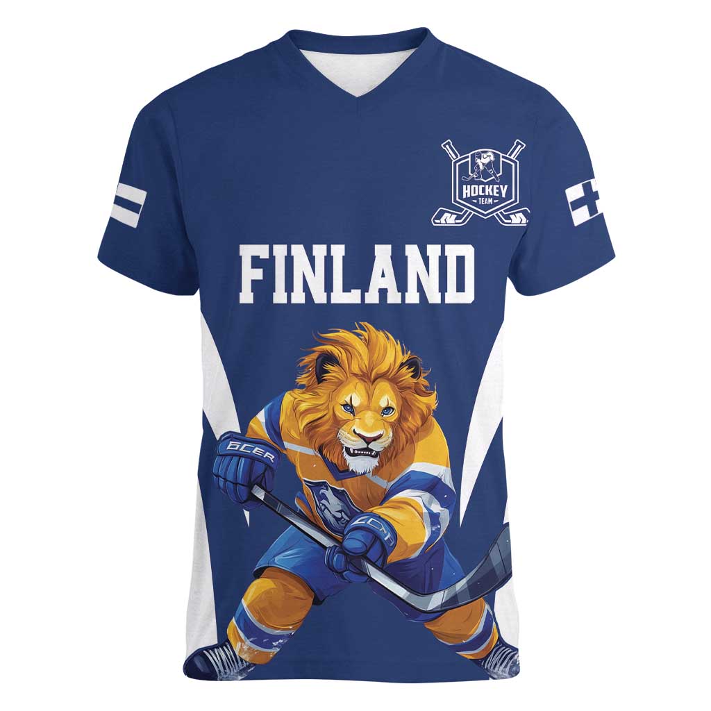 Custom Finland Hockey Women V-Neck T-Shirt Suomi Leijonat Mascot - Wonder Print Shop