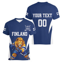Custom Finland Hockey Women V-Neck T-Shirt Suomi Leijonat Mascot - Wonder Print Shop
