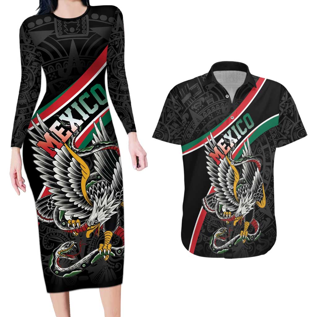 Mexico Eagle Spirit Personalized Couples Matching Long Sleeve Bodycon Dress and Hawaiian Shirt Ancient Aztec Pattern - Wonder Print Shop