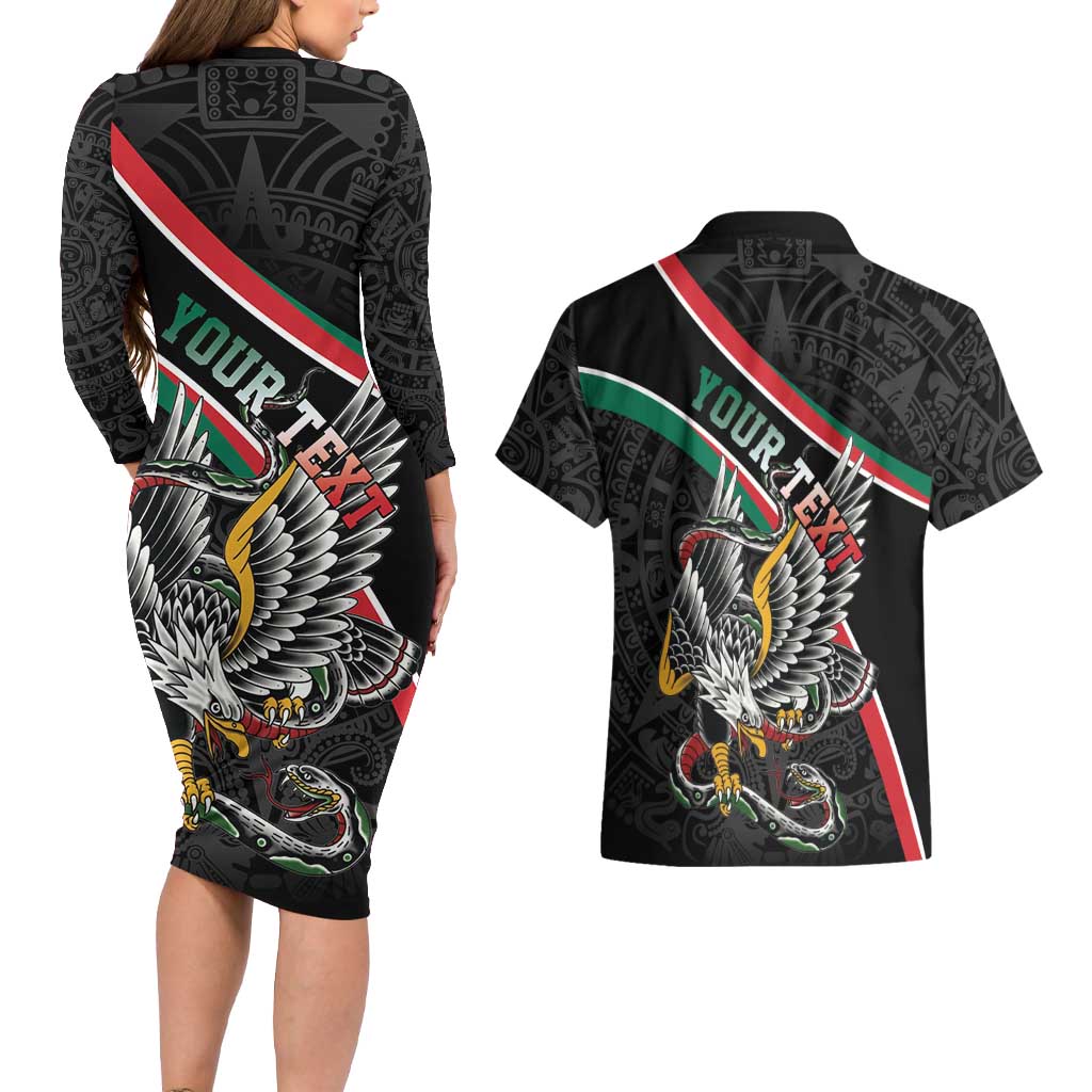 Mexico Eagle Spirit Personalized Couples Matching Long Sleeve Bodycon Dress and Hawaiian Shirt Ancient Aztec Pattern - Wonder Print Shop