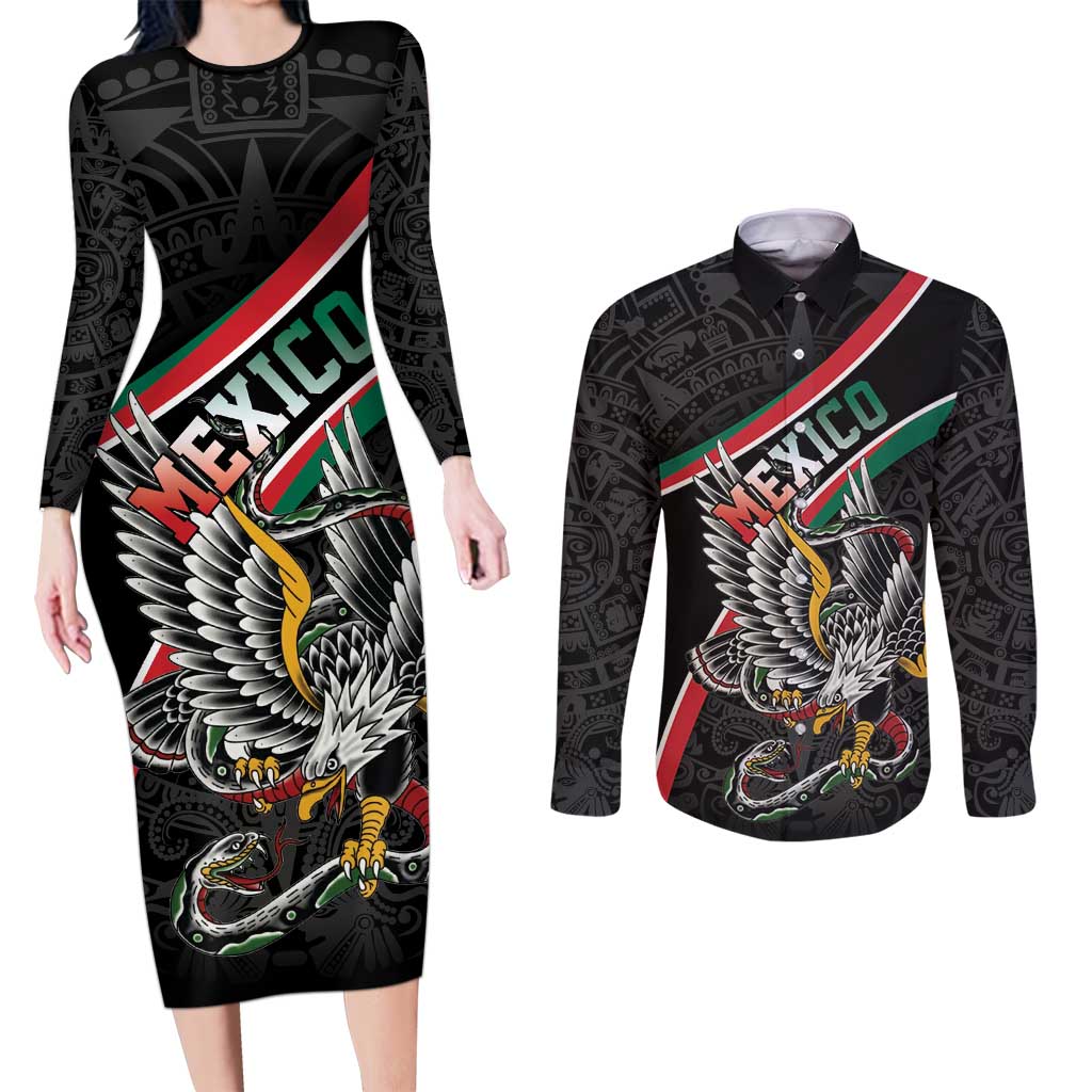Mexico Eagle Spirit Personalized Couples Matching Long Sleeve Bodycon Dress and Long Sleeve Button Shirt Ancient Aztec Pattern - Wonder Print Shop
