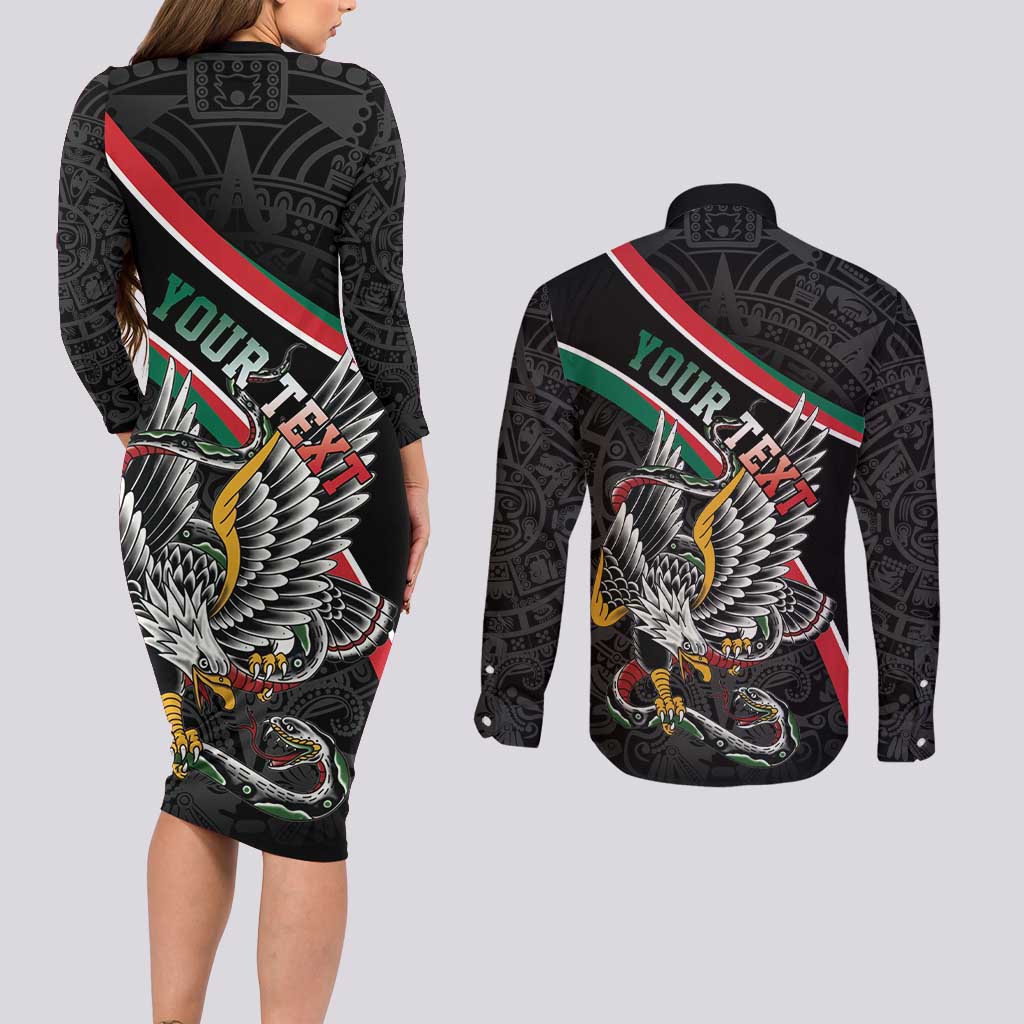 Mexico Eagle Spirit Personalized Couples Matching Long Sleeve Bodycon Dress and Long Sleeve Button Shirt Ancient Aztec Pattern - Wonder Print Shop