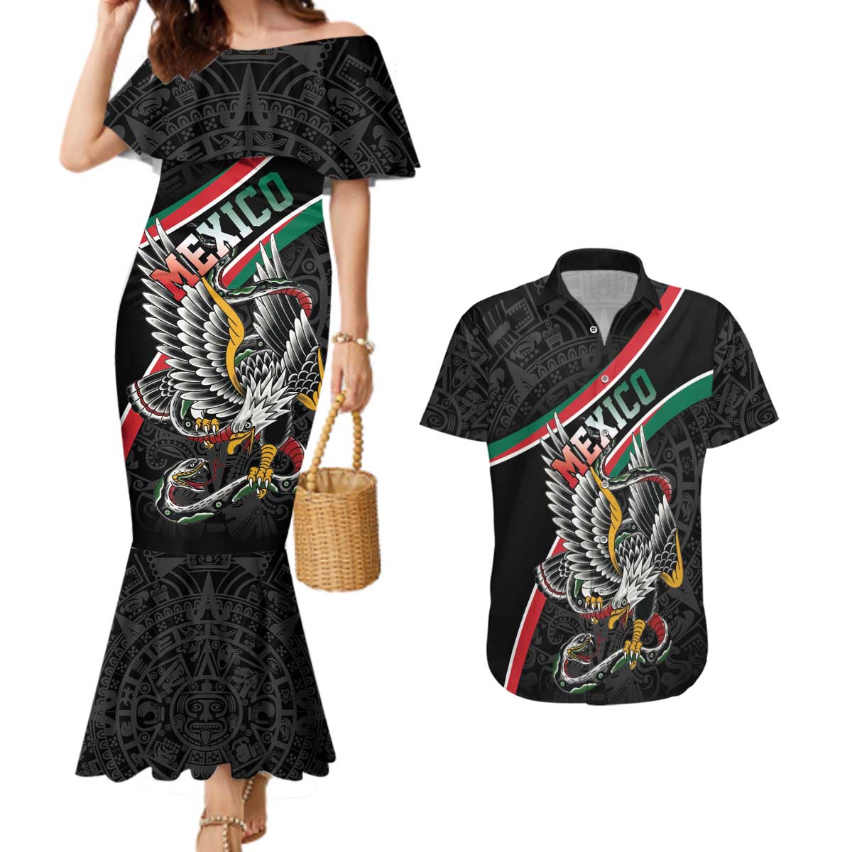 Mexico Eagle Spirit Personalized Couples Matching Mermaid Dress and Hawaiian Shirt Ancient Aztec Pattern - Wonder Print Shop