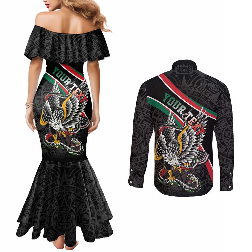 Mexico Eagle Spirit Personalized Couples Matching Mermaid Dress and Long Sleeve Button Shirt Ancient Aztec Pattern - Wonder Print Shop