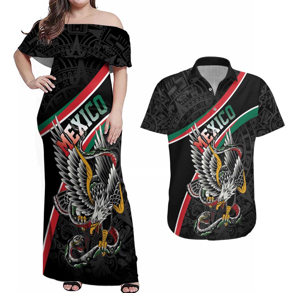 Mexico Eagle Spirit Personalized Couples Matching Off Shoulder Maxi Dress and Hawaiian Shirt Ancient Aztec Pattern - Wonder Print Shop