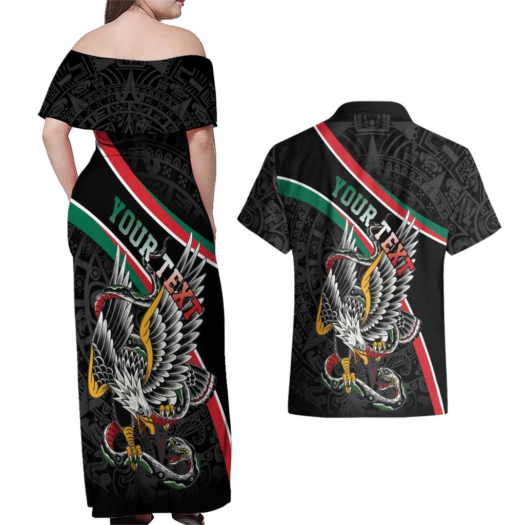 Mexico Eagle Spirit Personalized Couples Matching Off Shoulder Maxi Dress and Hawaiian Shirt Ancient Aztec Pattern - Wonder Print Shop
