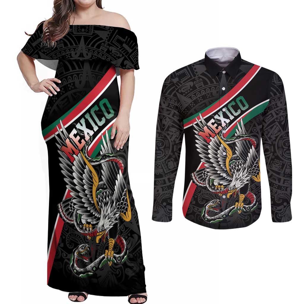 Mexico Eagle Spirit Personalized Couples Matching Off Shoulder Maxi Dress and Long Sleeve Button Shirt Ancient Aztec Pattern - Wonder Print Shop