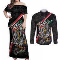 Mexico Eagle Spirit Personalized Couples Matching Off Shoulder Maxi Dress and Long Sleeve Button Shirt Ancient Aztec Pattern - Wonder Print Shop
