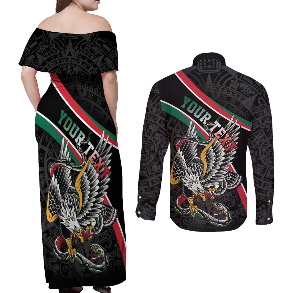 Mexico Eagle Spirit Personalized Couples Matching Off Shoulder Maxi Dress and Long Sleeve Button Shirt Ancient Aztec Pattern - Wonder Print Shop