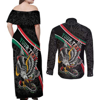 Mexico Eagle Spirit Personalized Couples Matching Off Shoulder Maxi Dress and Long Sleeve Button Shirt Ancient Aztec Pattern - Wonder Print Shop