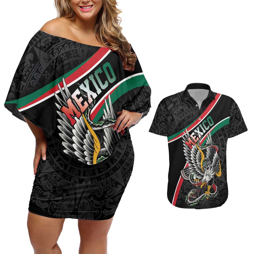 Mexico Eagle Spirit Personalized Couples Matching Off Shoulder Short Dress and Hawaiian Shirt Ancient Aztec Pattern - Wonder Print Shop