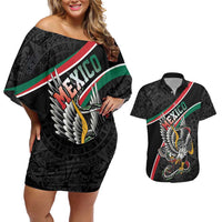Mexico Eagle Spirit Personalized Couples Matching Off Shoulder Short Dress and Hawaiian Shirt Ancient Aztec Pattern - Wonder Print Shop