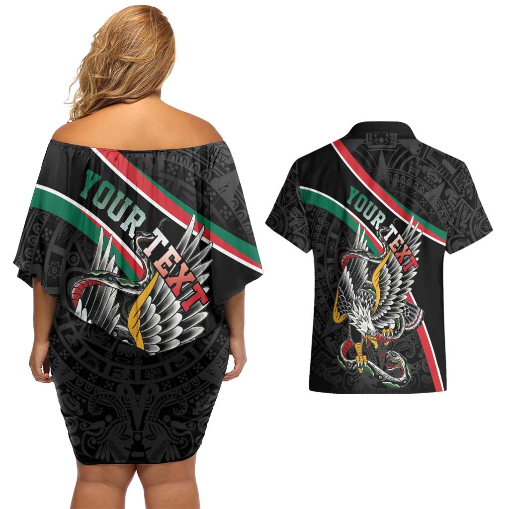 Mexico Eagle Spirit Personalized Couples Matching Off Shoulder Short Dress and Hawaiian Shirt Ancient Aztec Pattern - Wonder Print Shop