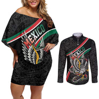 Mexico Eagle Spirit Personalized Couples Matching Off Shoulder Short Dress and Long Sleeve Button Shirt Ancient Aztec Pattern - Wonder Print Shop