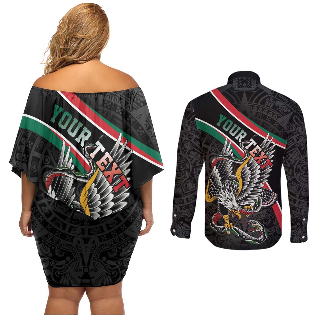 Mexico Eagle Spirit Personalized Couples Matching Off Shoulder Short Dress and Long Sleeve Button Shirt Ancient Aztec Pattern - Wonder Print Shop