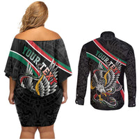 Mexico Eagle Spirit Personalized Couples Matching Off Shoulder Short Dress and Long Sleeve Button Shirt Ancient Aztec Pattern - Wonder Print Shop