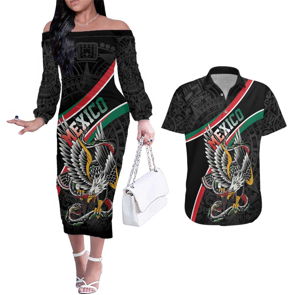 Mexico Eagle Spirit Personalized Couples Matching Off The Shoulder Long Sleeve Dress and Hawaiian Shirt Ancient Aztec Pattern - Wonder Print Shop
