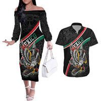 Mexico Eagle Spirit Personalized Couples Matching Off The Shoulder Long Sleeve Dress and Hawaiian Shirt Ancient Aztec Pattern - Wonder Print Shop