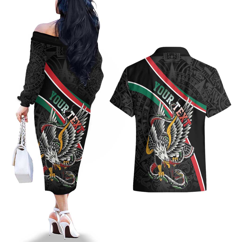Mexico Eagle Spirit Personalized Couples Matching Off The Shoulder Long Sleeve Dress and Hawaiian Shirt Ancient Aztec Pattern - Wonder Print Shop